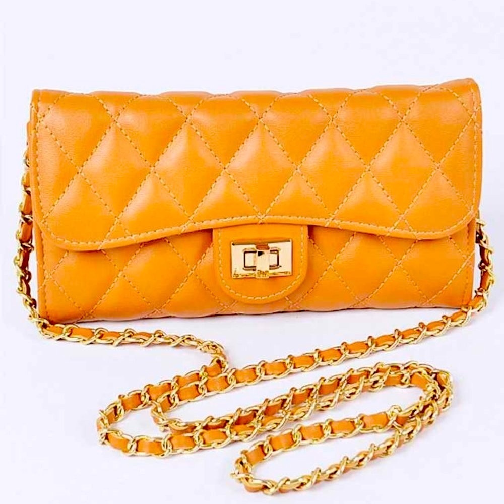 Camel Faux Lambskin Quilted Leather Gold Chain Strap Crossbody Wallet